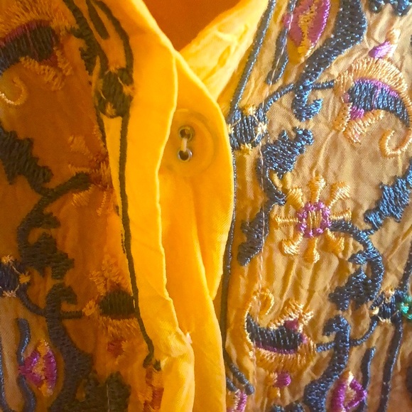Long Sleeve Johnny Was Yellow 100% Silk Button Down Embroidered Blouse - Picture 7 of 9